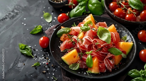 A beautifully plated prosciutto-wrapped melon slices, displayed on a dark ceramic plate. Natural light highlighting the rich colors and textures of the ingredients. hd quality, photorealistic style, photo