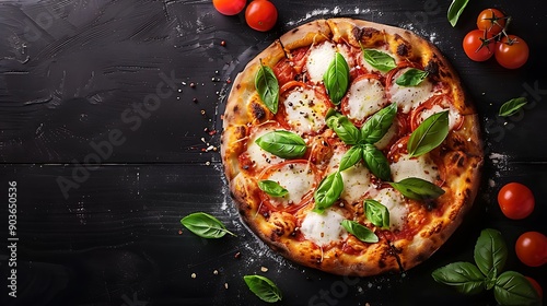 A classic Margherita pizza with fresh basil, mozzarella, and tomatoes, served on a dark wooden table. Warm ambient lighting enhancing the rustic feel, with shadows adding depth to the scene. photo