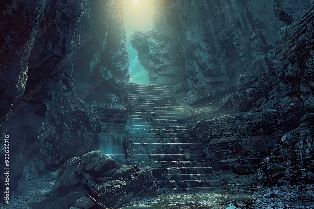 Fototapeta premium Ancient stone staircase leading to a mysterious underground cavern