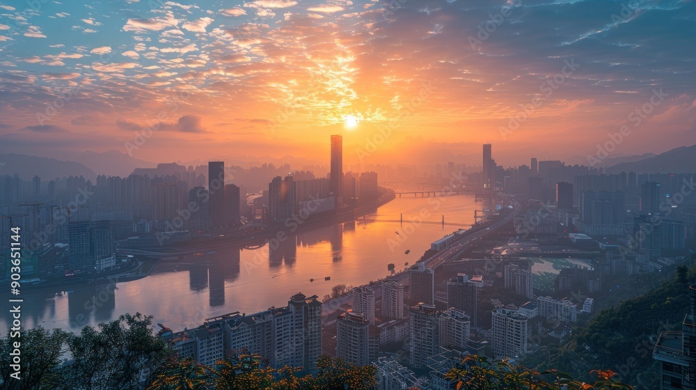 Naklejka premium Cityscape at Sunrise with River and Mountains