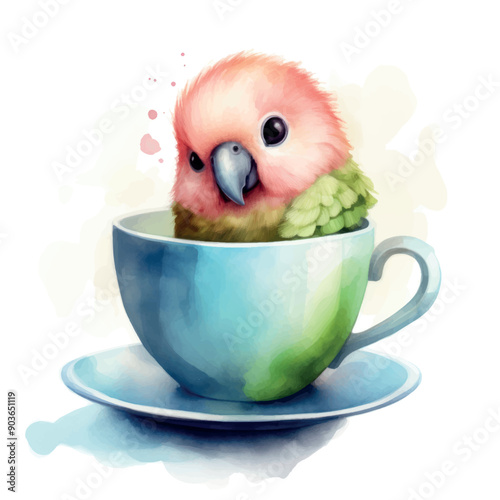 Colorful parrot in teacup