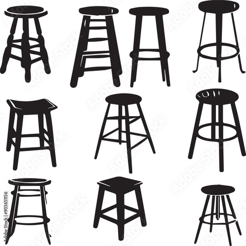 Stool Chair Artistic Silhouette Elements in Black