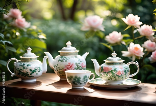 intricate tea ceremonies featuring delicate elegant beautifully arranged tea sets serene setting, ceremony, teapot, cup, leaves, tradition, elegance