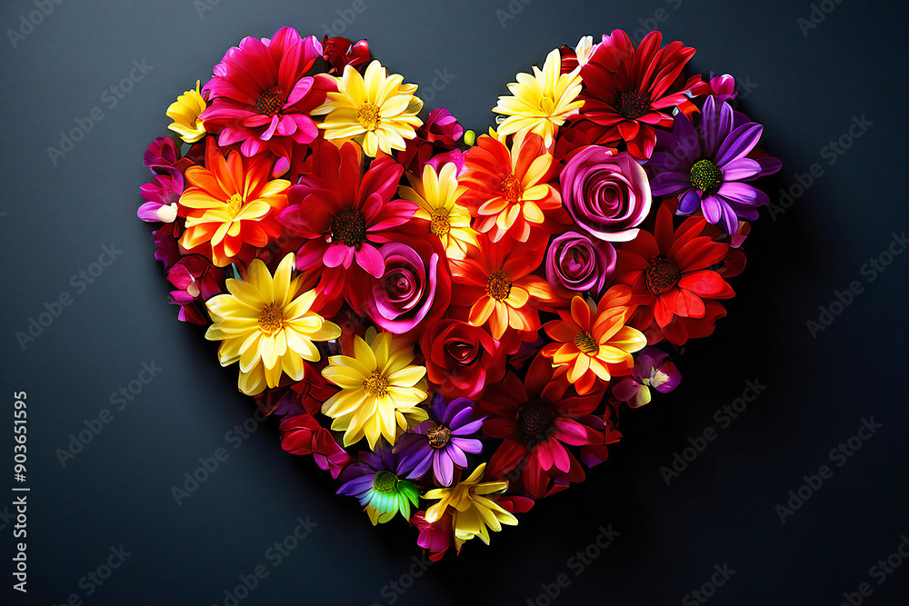 Rainbow color heart made of flowers isolated on dark background. Rainbow color heart made of flowers isolated on dark background.