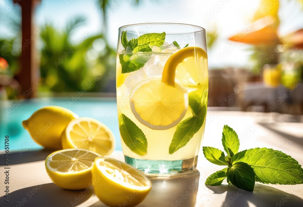 Fototapeta premium refreshing lemonade infused fresh mint leaves clear glass ice cubes bright lemon slices, beverage, drink, cool, colorful, healthy, homemade, organic, sweet