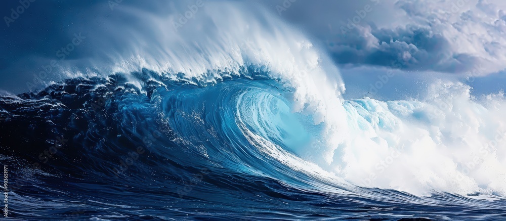 Powerful Ocean Wave Crashing Against the Sea with Dramatic Sky in the Background Powerful Ocean Wave Crashing Against the Sea with Dramatic Sky in the Background