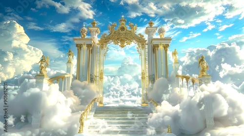 Pearly gates to heaven gate to heaven paradise in white clouds. open archway gates of heaven on a bright and cloudy background