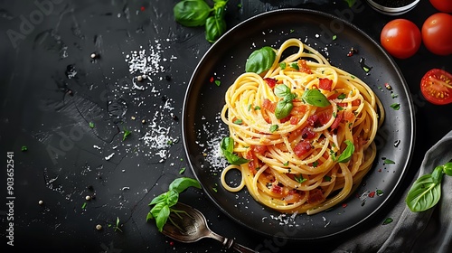 A detailed shot of spaghetti carbonara, featuring creamy sauce and crispy pancetta, on a dark rustic surface. Warm lighting emphasizing the golden hue of the pasta and the crispiness of the pancetta.