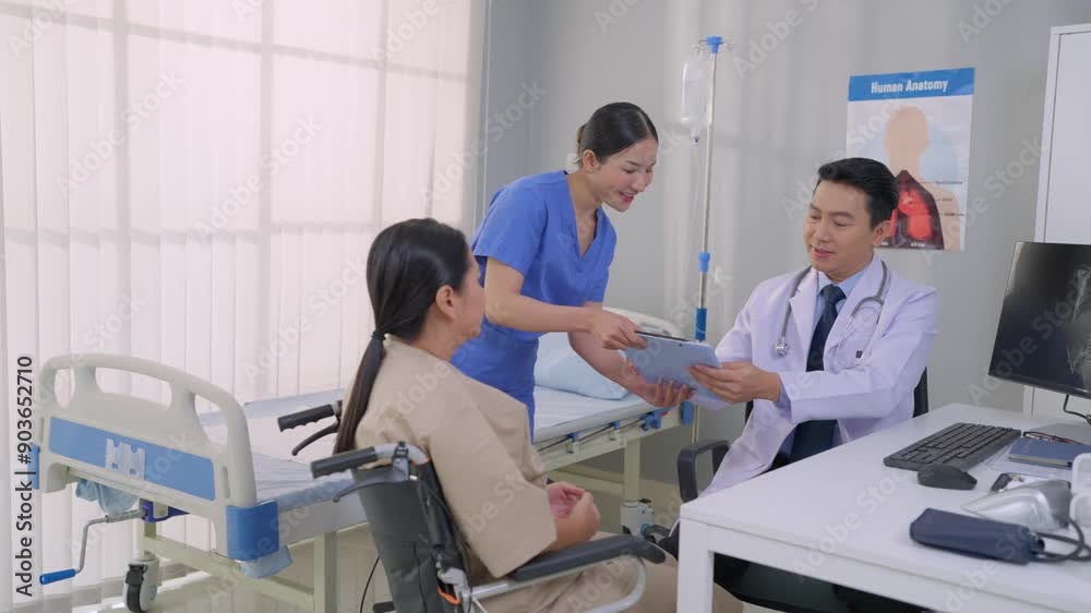 Asian male doctor assist and examine patient woman in hospital ward. Asian male doctor assist and examine patient woman in hospital ward.