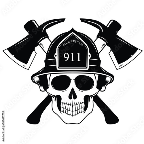 Skull with fire fighter helmet vector illustration.. Logo with crossed axe fire fighter 
