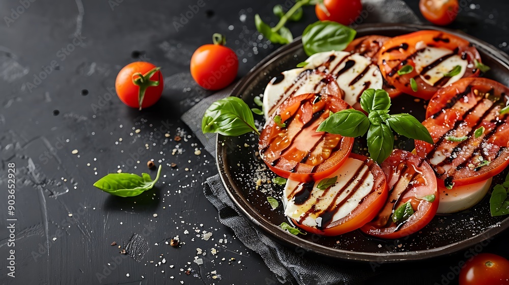 A gourmet Caprese salad with fresh mozzarella slices, ripe tomatoes, and basil leaves, drizzled with balsamic glaze, set on a dark background. Soft lighting creating a cozy and inviting atmosphere, A gourmet Caprese salad with fresh mozzarella slices, ripe tomatoes, and basil leaves, drizzled with balsamic glaze, set on a dark background. Soft lighting creating a cozy and inviting atmosphere,
