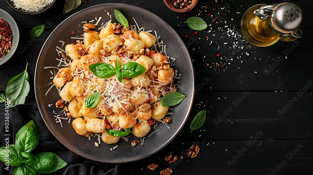A mouth-watering dish of potato gnocchi in Gorgonzola cream sauce, topped with crushed walnuts, on a dark wooden table. Warm, A mouth-watering dish of potato gnocchi in Gorgonzola cream sauce, topped with crushed walnuts, on a dark wooden table. Warm,