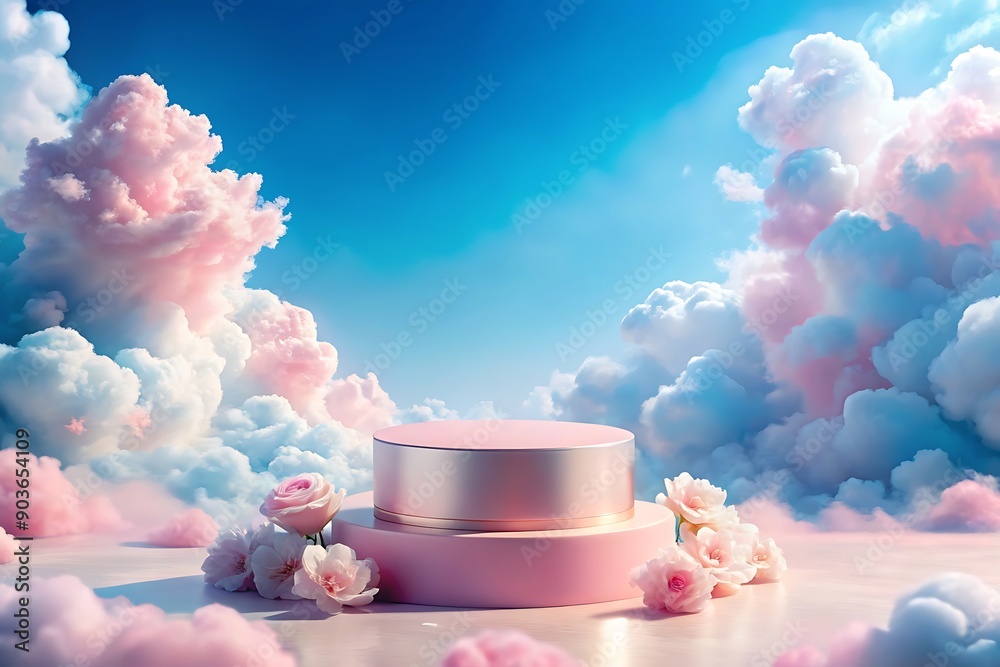 Stylish Podium Pedestal on Pink and Blue Cloud Background. Stylish Podium Pedestal on Pink and Blue Cloud Background.