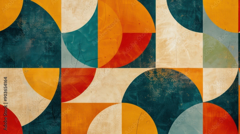 A bold, geometric pattern with 1970s colors and shapes