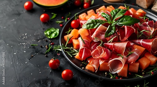 A mouth-watering display of prosciutto-wrapped melon slices on a dark ceramic plate. Warm, soft lighting emphasizing the vibrant colors and textures of the prosciutto and melon. hd quality,