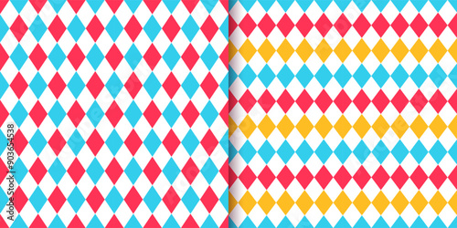 Circus seamless pattern. Set blue red yellow rhombus plaid prints. Harlequin lozenge backgrounds. Checkered diamond textures. Vector illustration. Modern argyle geometric backdrops.