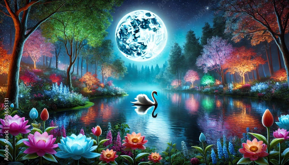 Obraz premium A serene lake with a single swan gracefully gliding on the water