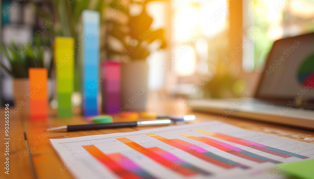 Colorful charts and graphs on a desk, with a laptop and a potted plant in a sunlit office environment. Colorful charts and graphs on a desk, with a laptop and a potted plant in a sunlit office environment.
