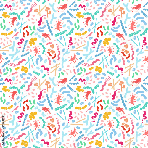 Vibrant vector illustration of various microorganisms, including beneficial bacteria and probiotics.