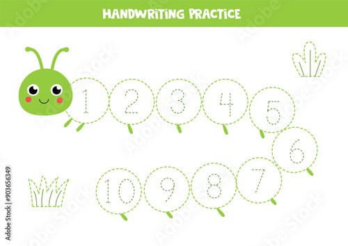 Trace numbers 1 to 10 with cute green caterpillar.