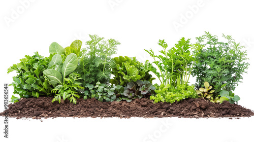 Sprouts of onion , basil, parsley, lettuce, dill, arugula growing in piece of ground. Greens on transparent background