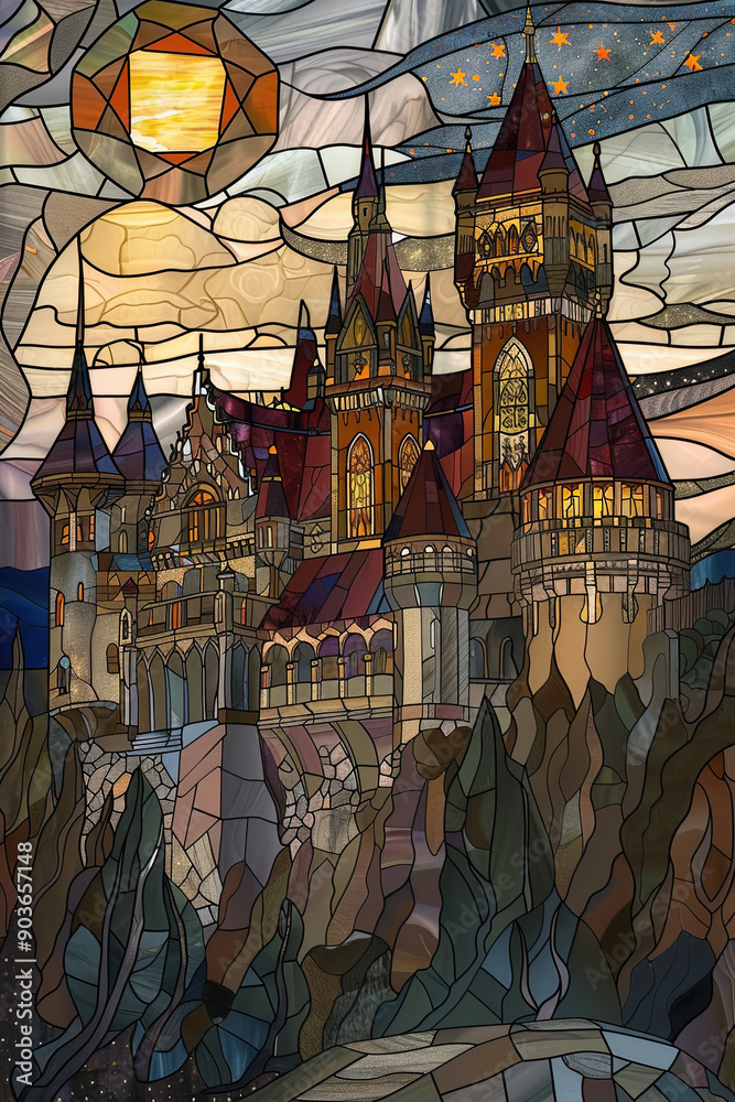 Twilight Sky Castle Stained Glass