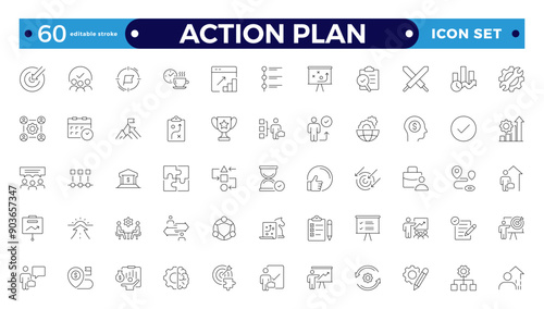 Action plan line icons collection. Business, strategy, startup, steps, target icons. UI icon set. Thin outline icon. Editable stroke outline icon. 
