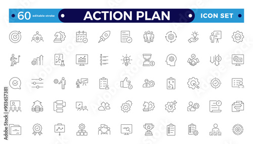 Action plan line icons collection. Business, strategy, startup, steps, target icons. UI icon set. Thin outline icon. Editable stroke outline icon. 