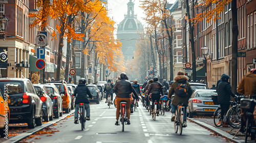 Vibrant City Scene with Eco-Friendly Bicycles and Scooters Buzzing Through the Streets