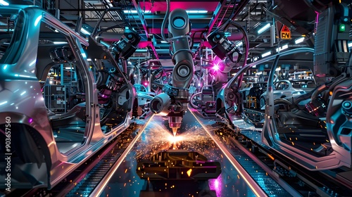 Futuristic Robotic Welding Symphony A captivating scene of gleaming chrome industrial machinery a mesmerizing dance of sparks and molten metal