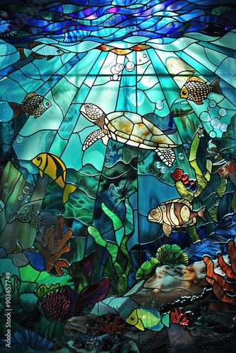 Obraz na płótnie Ocean Depths Stained Glass Scene w salonie