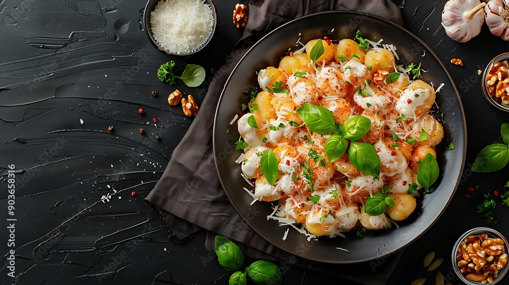 An elegant dish of potato gnocchi in Gorgonzola cream sauce, topped with crushed walnuts, set on a dark background. Soft lighting creating a cozy and inviting atmosphere, An elegant dish of potato gnocchi in Gorgonzola cream sauce, topped with crushed walnuts, set on a dark background. Soft lighting creating a cozy and inviting atmosphere,