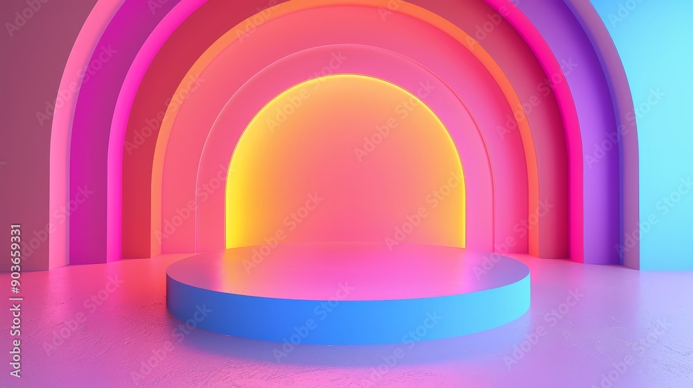 Abstract colorful archway with a glowing podium. Futuristic and modern background for product displays and presentations. Abstract colorful archway with a glowing podium. Futuristic and modern background for product displays and presentations.