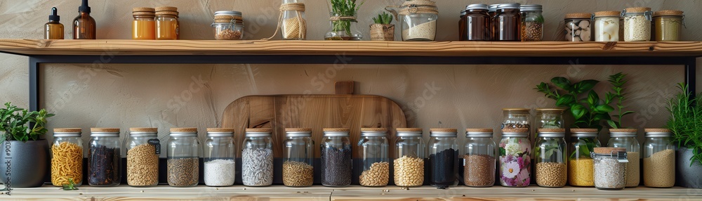 A vibrant kitchen shelf filled with various jars of spices, herbs, and ingredients, showcasing organization and culinary creativity. A vibrant kitchen shelf filled with various jars of spices, herbs, and ingredients, showcasing organization and culinary creativity.