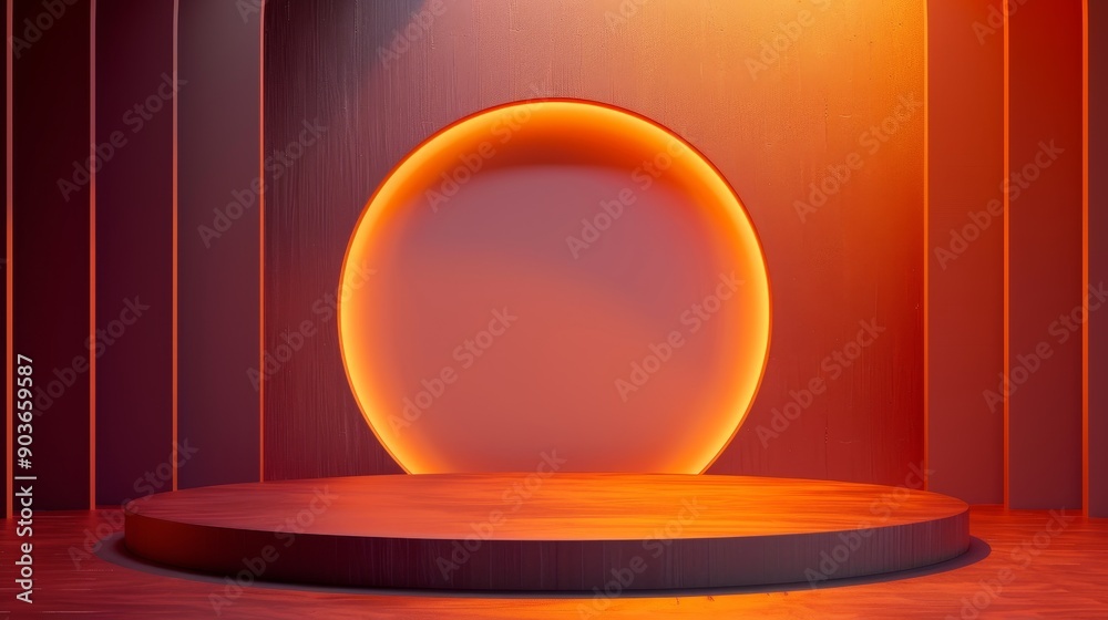 Abstract orange neon light on a circular platform in dark room. Minimalist product display background. Abstract orange neon light on a circular platform in dark room. Minimalist product display background.