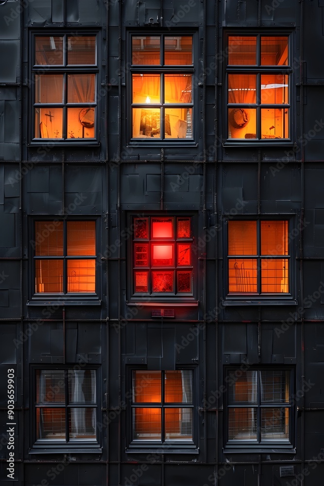 Mysterious urban building facade at night: Dark exterior with warmly lit windows, glowing interiors, and a vibrant red window Mysterious urban building facade at night: Dark exterior with warmly lit windows, glowing interiors, and a vibrant red window