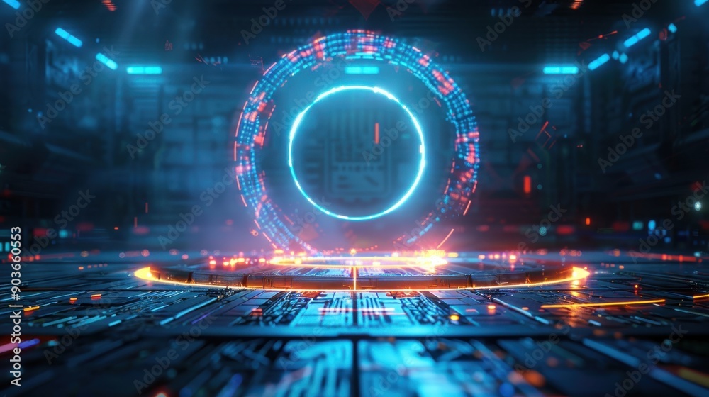 Obraz premium Futuristic Digital Portal with Neon Lights in a High-Tech Sci-Fi Environment