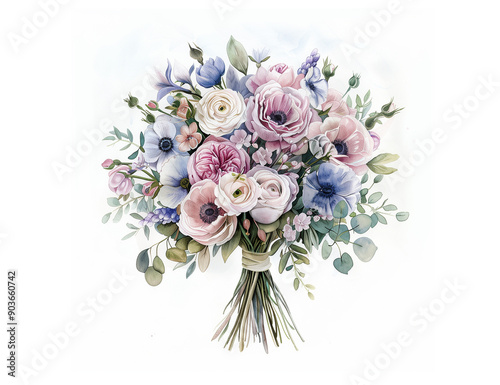 A beautifully painted watercolor bouquet of the bride, a bouquet of pastel-colored flowers on a white background.