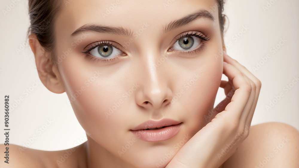 woman's face with beautiful, luminous skin. The soft, warm lighting highlights her flawless complexion woman's face with beautiful, luminous skin. The soft, warm lighting highlights her flawless complexion