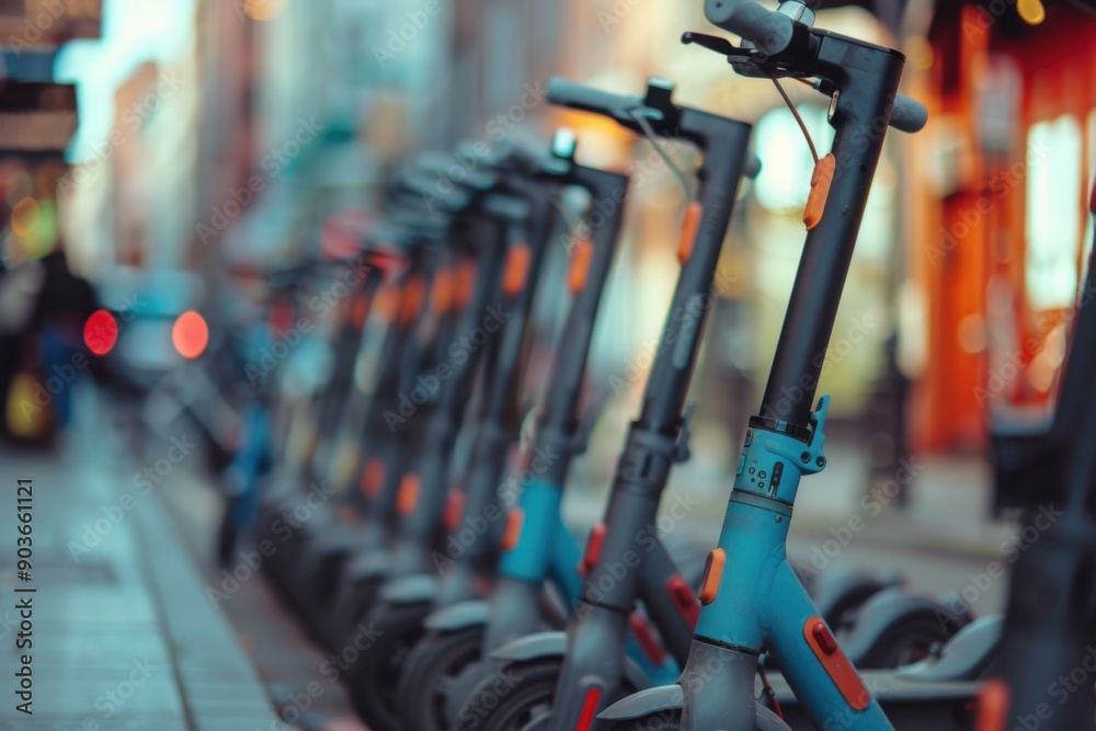 Fototapeta premium Electric scooters parked in a row on a street in a European city, close up view