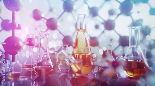 A close-up of laboratory glassware filled with colorful liquids, with a blurred background of a molecular structure. photo