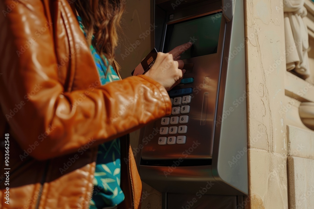 Obraz premium Woman Using an ATM Machine