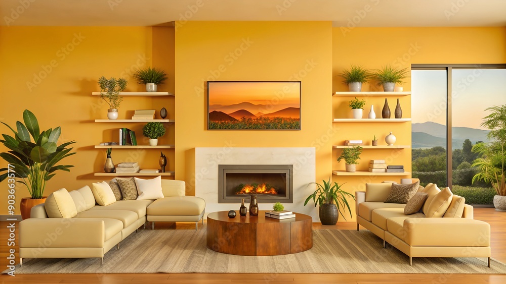 Mid-Century Modern Living Room Interior Design - Brown Leather Chairs and Grey Sofa with Fireplace Mid-Century Modern Living Room Interior Design - Brown Leather Chairs and Grey Sofa with Fireplace