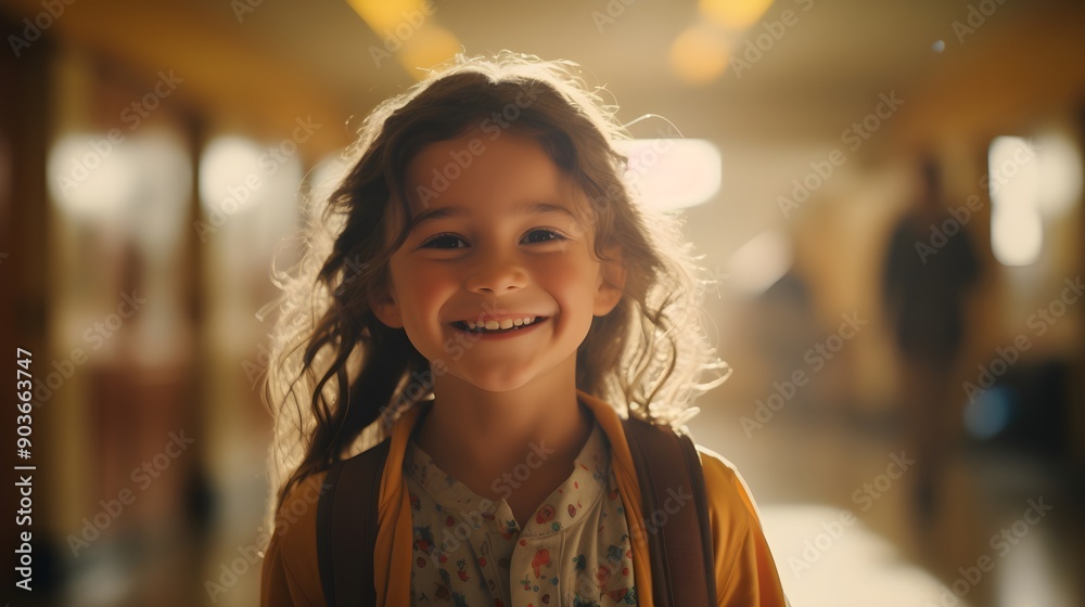 Smiling child standing in a well-lit school corridor Smiling child standing in a well-lit school corridor