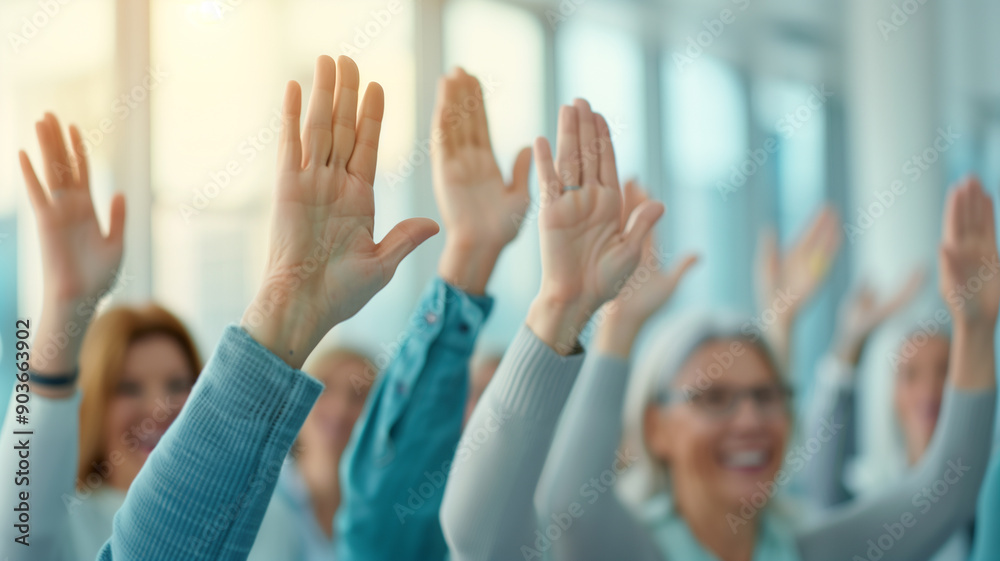 A group of enthusiastic participants raising their hands in a bright, modern room. The focus is on the hands, capturing a moment of active engagement and involvement. A group of enthusiastic participants raising their hands in a bright, modern room. The focus is on the hands, capturing a moment of active engagement and involvement.
