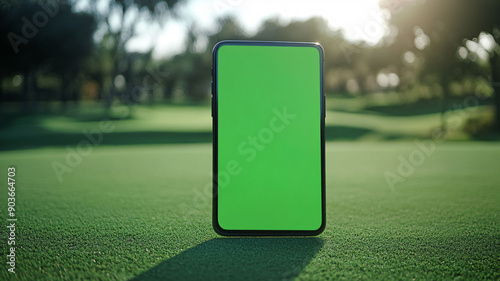 Smartphone mockup with green screen at golf course.