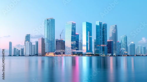 A stunning view of a modern city skyline at dusk, featuring tall skyscrapers with their lights reflecting in the calm water below. The sky is a soft gradient of blue and pink.