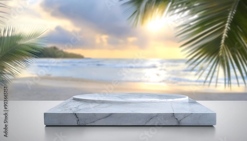 Marble podium or stage to display srage with a beautiful beach background, promotions, advertisements. photo