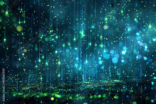 Abstract Green and Blue Light Rain with Bokeh Background