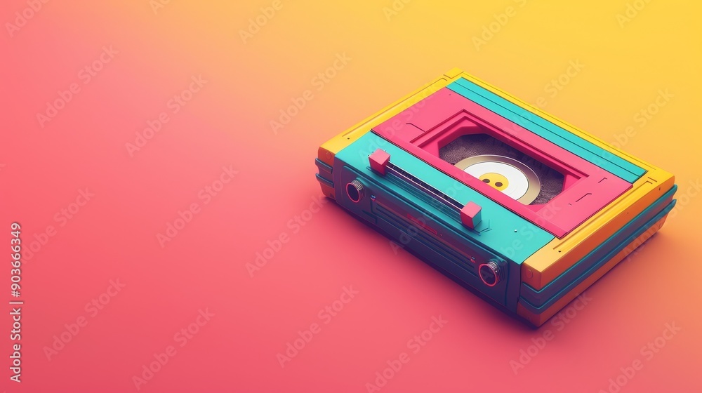 Obraz premium A colorful cassette tape sits on a vibrant pink and yellow gradient background. The tape is a symbol of retro technology and music.